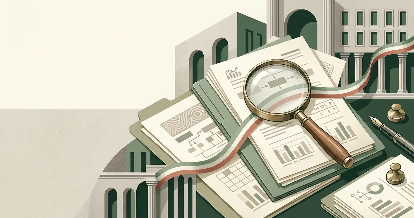 Illustrazione concettuale di verifica regolatoria e controllo documentale in Italia